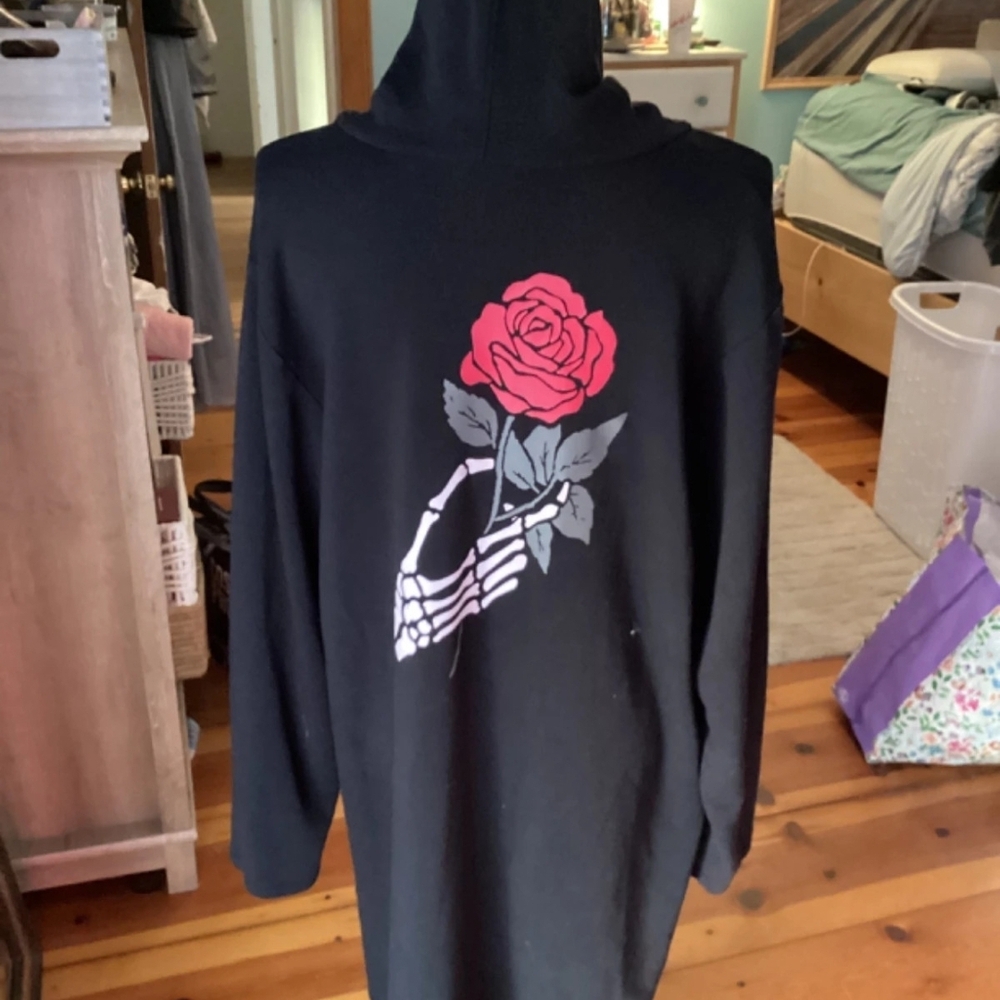 Torrid Black Long Sleeve Dress with Red Rose Design